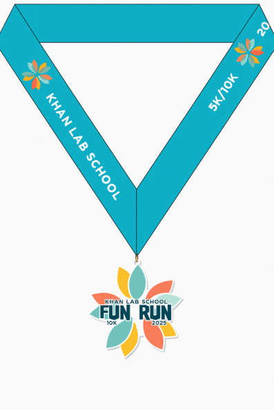 KLS Fun Run 2025 finisher medal with teal ribbon and colorful flower design