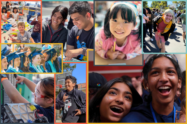 Collage of Khan Lab School students learning, celebrating, and engaging in school activities